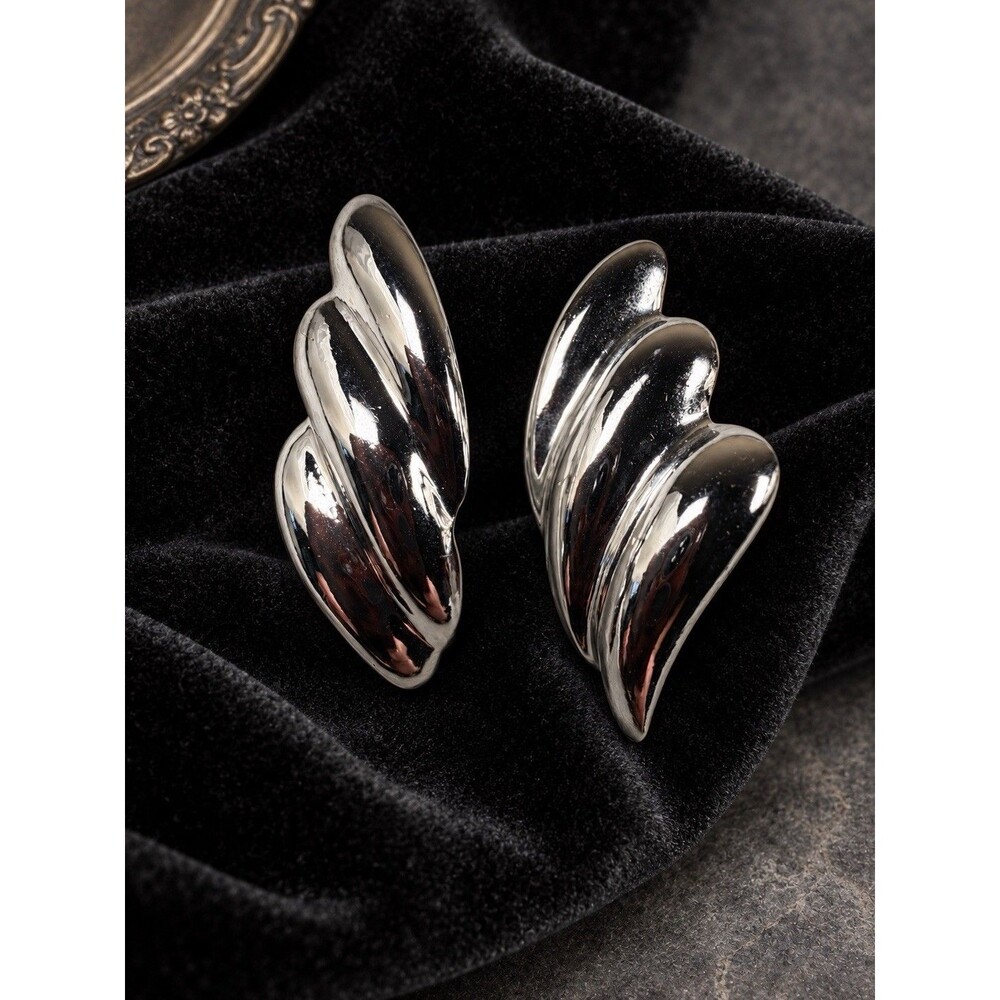 Vintage Silver Tone Wing Leaf Statement Earrings Pierced 1980s